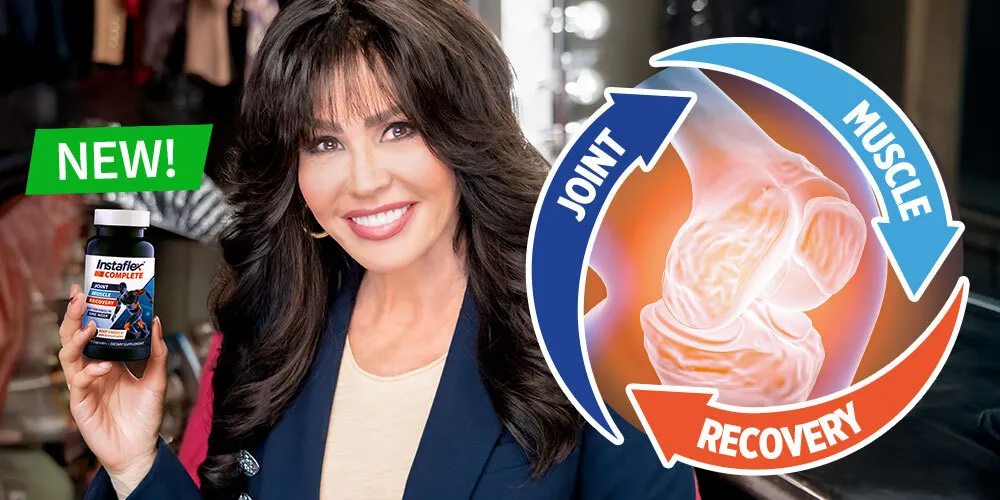 Marie Osmond holding a bottle of Instaflex